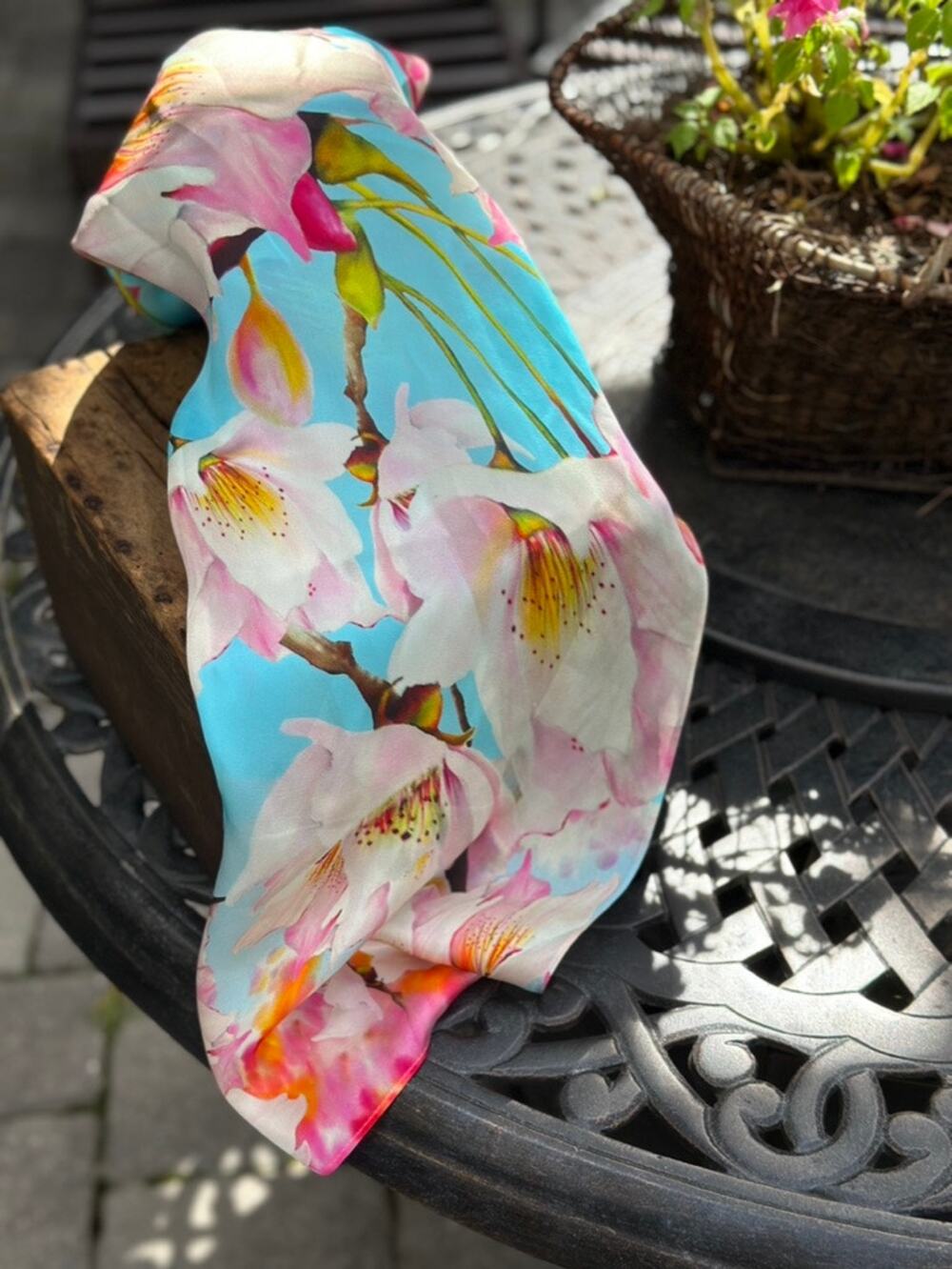 Silk Squirrel 100% Silk Hummingbird Floral Scarf Aqua Pink